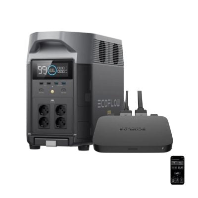 Batería Ecoflow Delta Pro2+ con supercargador de energía portátil y sistema de carga rápida en una superficie blanca.