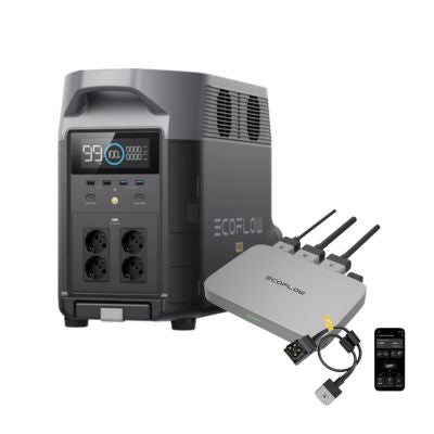 Batería Ecoflow Delta Pro 2 con microinversor y cable BKW para energía renovable, en uso en un entorno doméstico.