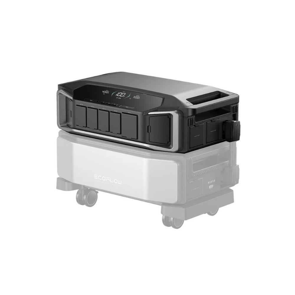 Inversor Delta Pro Ultra de Ecoflow para energía portátil, con pantalla y conexiones en un entorno industrial.